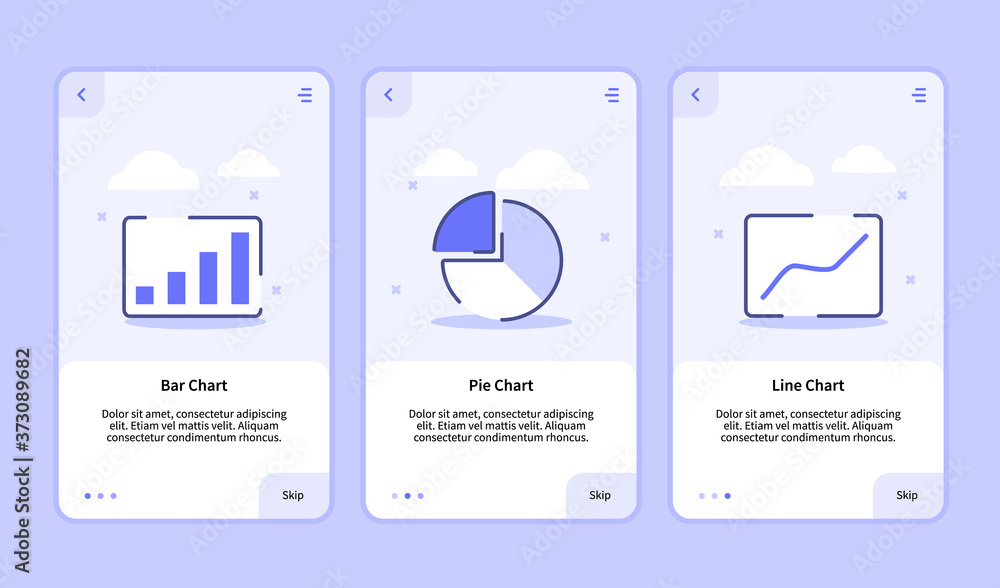 Bar chart pie chart line chart onboarding screen for mobile apps template banner page UI with three variations modern flat outline style