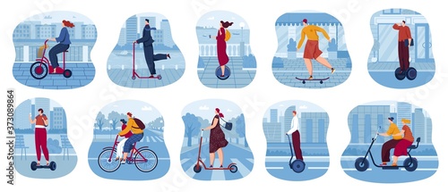 Eco city transport vector illustration set. Cartoon flat cityscape scene collection with people driving electric or kick scooter, skaters using skateboard, bicycle for transportation isolated on white