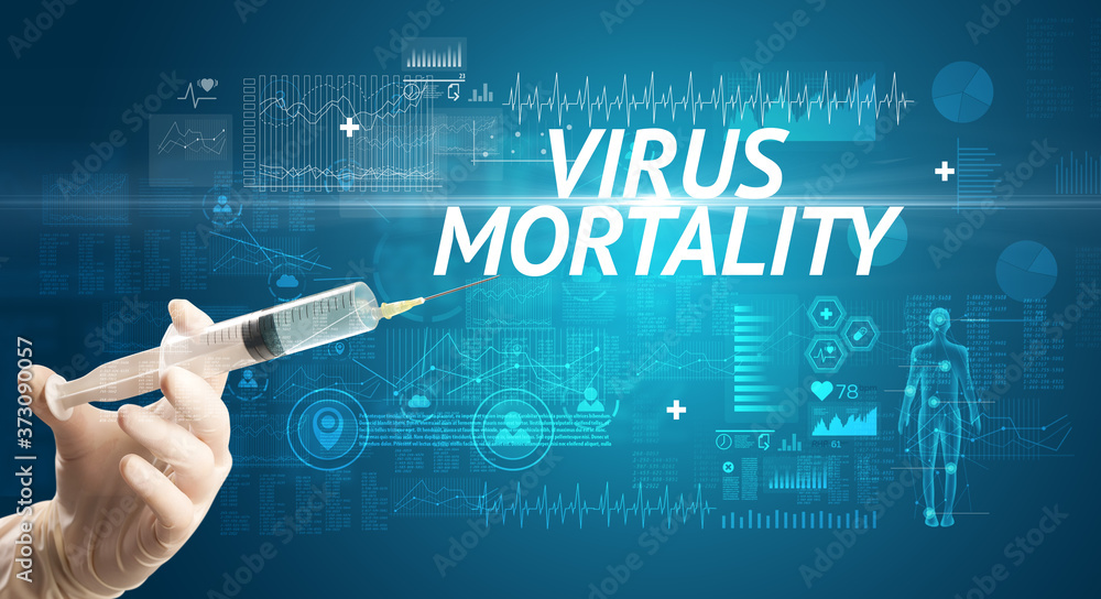 Syringe needle with virus vaccine and VIRUS MORTALITY inscription, antidote concept Syringe needle with virus vaccine and VIRUS MORTALITY inscription, antidote concept