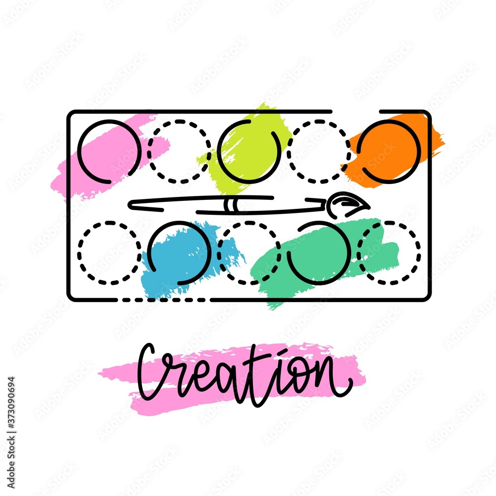 An icon with a bright palette for paints. Brush and paint. Vector illustration. Logo for the art studio. Hand lettering An icon with a bright palette for paints. Brush and paint. Vector illustration. Logo for the art studio. Hand lettering