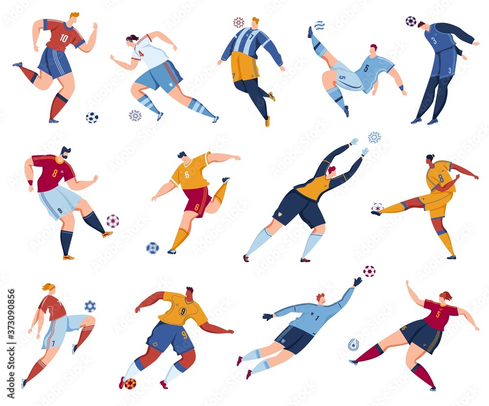 Football soccer player vector illustration set. Cartoon flat man woman footballers, sportsman characters collection with athlete people jump high, kick ball, play sport game actions isolated on white