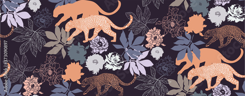Graphic leopard with flowers and leaves in Asian style seamless pattern