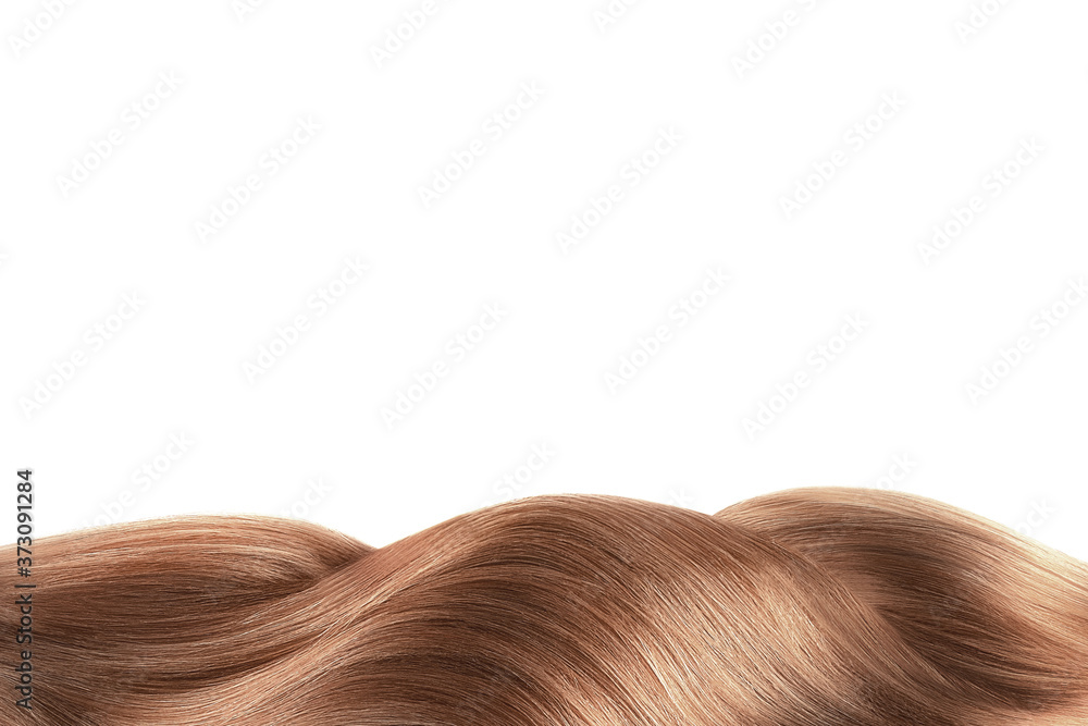 Fototapeta premium Brown shiny hair isolated on white. Background with copy space