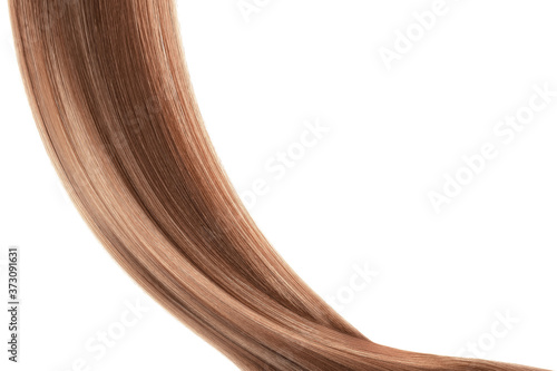 Brown shiny hair isolated on white. Background with copy space