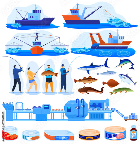 Fishing industry vector illustration set. Cartoon flat infographic collection with commercal fisherman boats trawlers for industrial seafood production, fish food products conveyor isolated on white