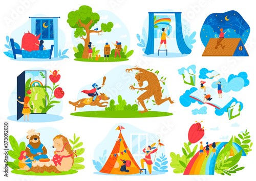 Kids fairy tale imagination vector illustration set. Cartoon flat dream magic collection with children imagine fantasy magic life from fairytale story book, childhood adventures isolated on white