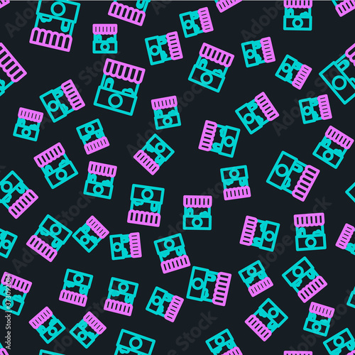 Line Street stall with awning and wooden rack icon isolated seamless pattern on black background. Kiosk with wooden rack. Vector Illustration.