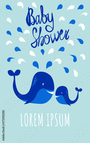 Baby shower vector  card. Cute children's background with whales and water drops.Invitation template.