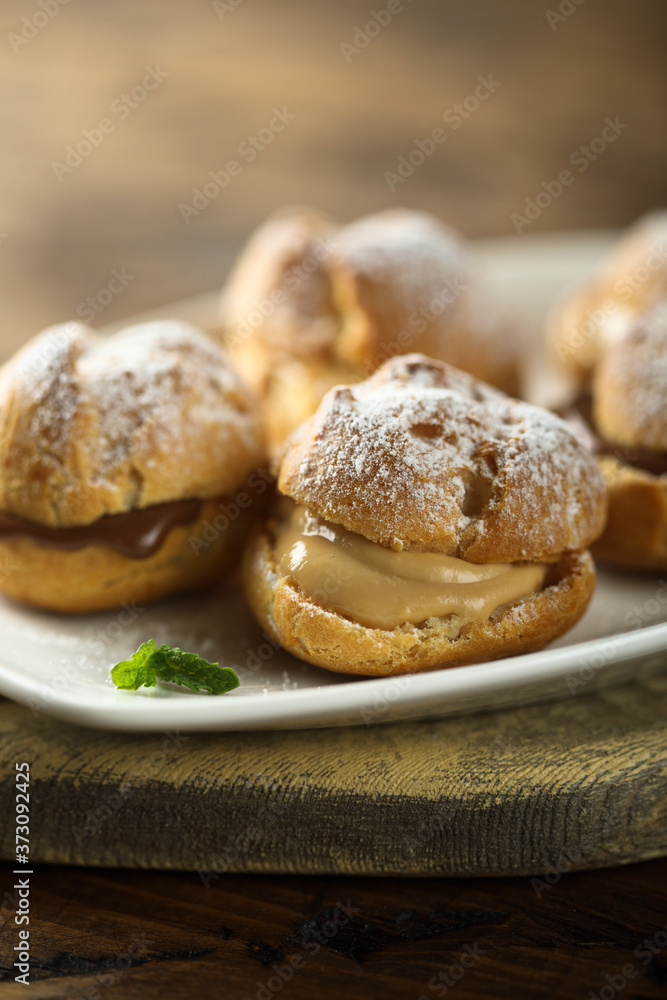 Chocolate and caramel choux pastry