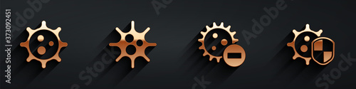 Set Virus, Virus, Negative virus and Shield protecting from virus icon with long shadow. Vector.