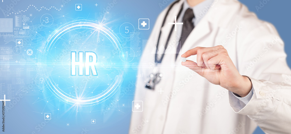 Close-up of a doctor giving you a pill with HR abbreviation, virology concept Close-up of a doctor giving you a pill with HR abbreviation, virology concept