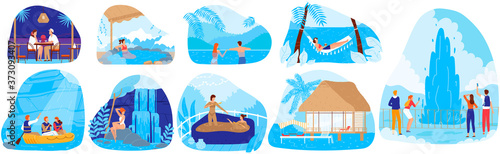 Natural spa resorts vector illustration set. Cartoon flat hot springs collection with people tourists enjoy nature thermal water pool, traditional japanese onsen bath, spa tourism isolated on white
