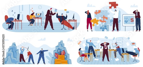 Lazy business office workers vector illustration set. Cartoon flat bad employees people relax and procrastinate at workplace instead of work, angry businessman leader boss conflicts isolated on white