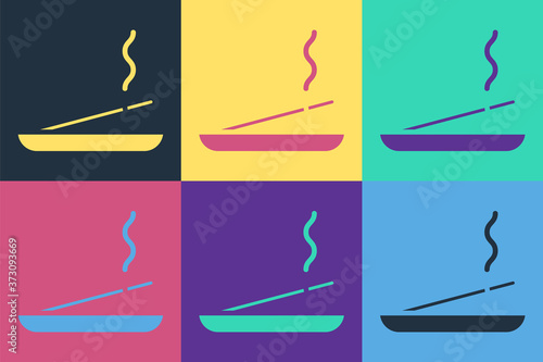 Pop art Scented spa stick on a wooden stand icon isolated on color background. Incense stick. Cosmetic procedure aromatherapy. Vector Illustration.