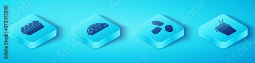 Set Isometric Chicken nuggets in box, Taco with tortilla, Asian noodles and chopsticks and Chicken nuggets icon. Vector.