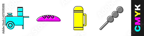 Set Fast street food cart, Bread loaf, Thermos container and Meatballs on wooden stick icon. Vector.
