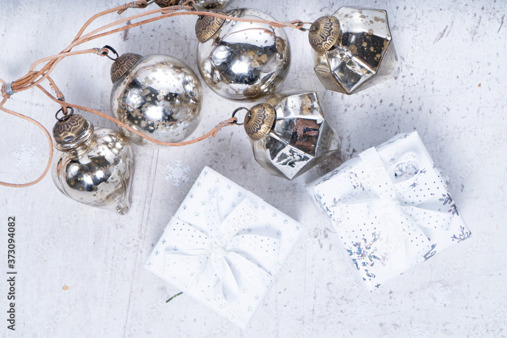 Christmas flat lay scene with golden decorations Christmas flat lay scene with golden decorations