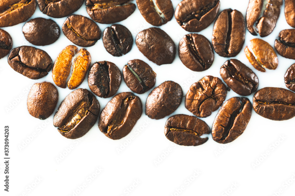Fototapeta premium Roasted coffee beans on white milk background. Coffee beans in milk. Top view macro shot of arabica, robusta and iberica coffee seeds. 