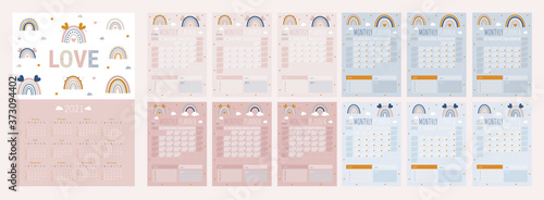Kids calendar for 2021 year. Printable planner of 12 months with boo rainbow illustrations. Baby cartoon vector calendar. Cute kids rainbow school planner. School posters. 