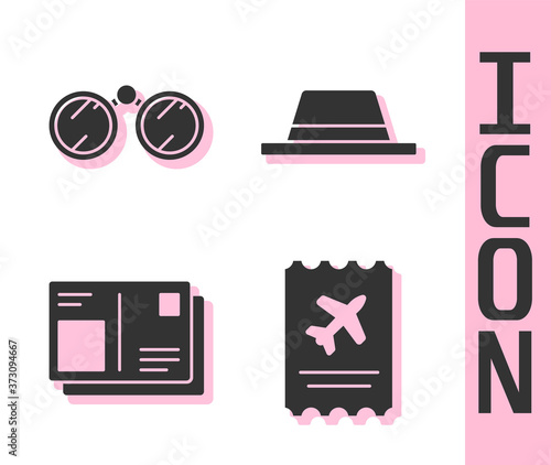 Set Airline ticket, Binoculars, Passport with visa stamp and Man hat with ribbon icon. Vector.
