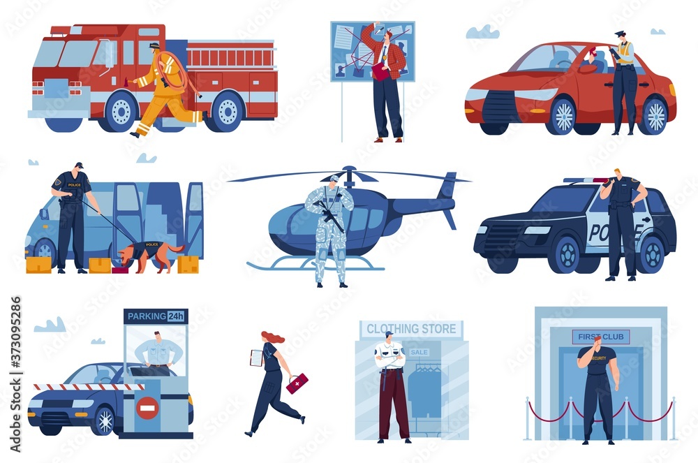 Fototapeta premium Rescue guards work vector illustration set. Cartoon flat police officer or detective characters working, army soldiers, bodyguards or fireman save life, security rescuer workers isolated on white