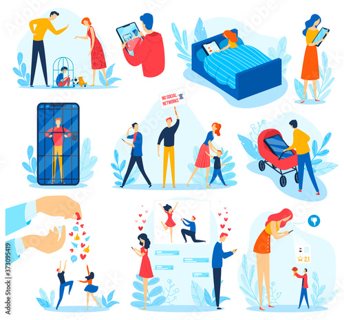 Social media network addiction vector illustration set. Cartoon flat characters protest against social media networking, addicted people locked in online prison smartphone concept isolated on white