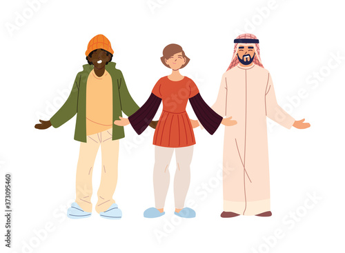 woman black and arabish men cartoons vector design