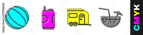 Set Beach ball, Soda can, Rv Camping trailer and Coconut cocktail icon. Vector.