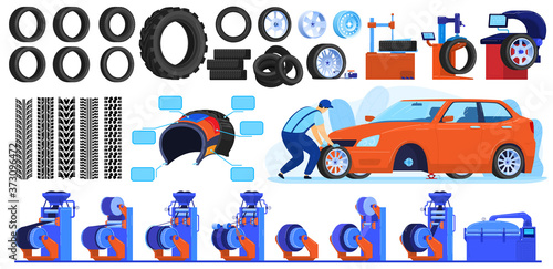 Auto car tire production vector illustrations. Cartoon flat automotive industry set with car tyre products, track traces, industrial equipment for manufacturing, wheel maintenance isolated on white
