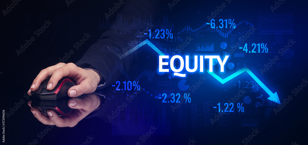male hand holding wireless peripheral with EQUITY inscription, modern business concept male hand holding wireless peripheral with EQUITY inscription, modern business concept