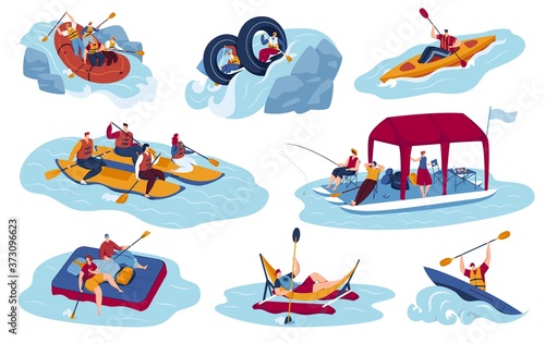 Water sport tourism vector illustration set. Cartoon flat tourist sportman character riding boat or kayak, kayaking rafting in dangerous river waterfalls, extreme adrenaline activity isolated on white