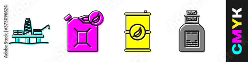 Set Oil platform in the sea, Bio fuel canister, Bio fuel barrel and Oil petrol test tube icon. Vector.