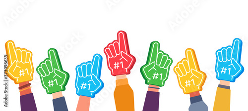 Fan foam fingers. Hands up with glove with number one, stadium supporter pride accessory, football victory symbol, success vector concept. Best sport team cheering, first place in competition
