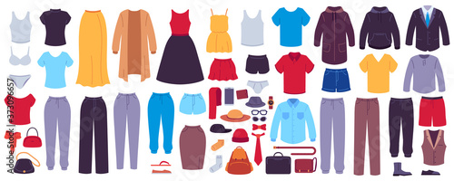 Flat clothes. Women and men garments, accessories, footwear and bags, fashion seasonal wardrobe, modern casual outfits showroom, vector set. Underwear, outerwear for female and male characters