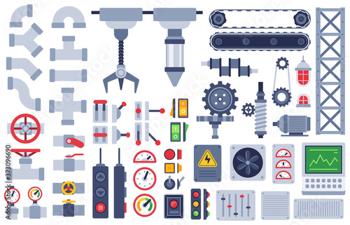 Machine parts. Auto technical mechanisms, gear equipment, engine. Pinion and motor, shaft, joints industry machinery flat vector set. Pieces for automatic construction as buttons, switches, knobs