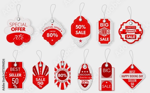 Red sale labels. Various paper discount price tags with ropes, shopping promotion pricing sign, special deal hanging label mockup vector set. Big summer sale, best seller, premium quality