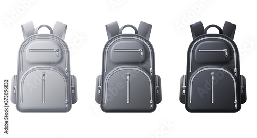 Sport backpack mockup. Realistic black, gray and white backpacks, bags for travel, sport or school cloth and shoes, 3D vector template. Rucksack with zip and pockets isolated illustration