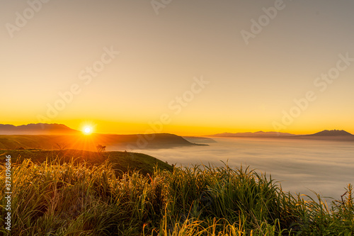 aso mountain, sunrise over the mountain, aso, kumamoto, japan