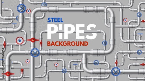 Metal pipelines. Industrial and home construction pipeline, connector fitting, flange and taps. Gas, water line or sewer vector background. Conduits for water supply, plumbing system