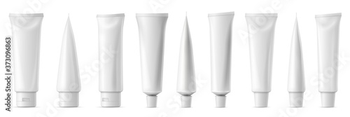 Realistic tube mockup. White plastic tuba for toothpaste, cream, gel and shampoo. Blank packaging front and side view vector mockup. Template for medicine or cosmetics set illustration