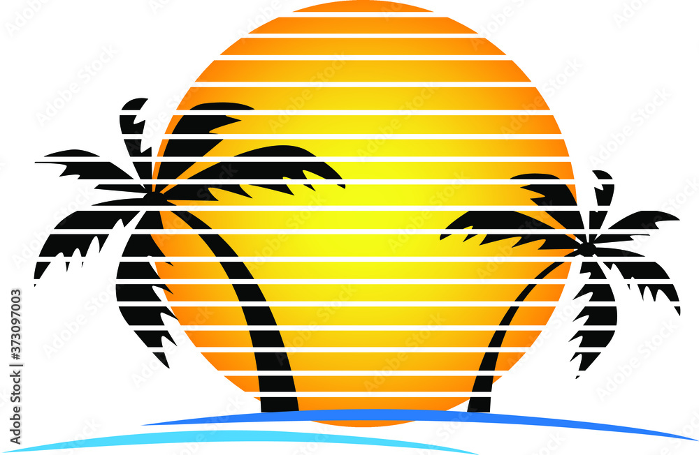 Vector of palm tree silhouettes on a gradient sunset. Retro style 80s logo or icon illustration design