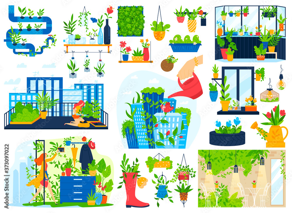 Flowers plants grow in house balcony garden vector illustration set. Cartoon flat urban home gardening collection with green decorative houseplants in pots, hand watering and planting potted greenery