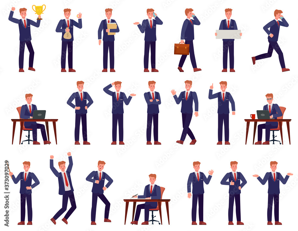 Businessman. Manager busy workplace, shows presentation, works on pc, goes and speaks on phone, success career cartoon vector characters. Office worker with different emotions, angry, happy, with idea