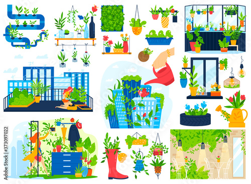 Flowers plants grow in house balcony garden vector illustration set. Cartoon flat urban home gardening collection with green decorative houseplants in pots, hand watering and planting potted greenery
