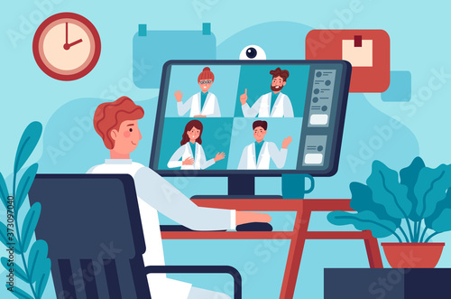 Medical video conference. Doctor in video chat with coworkers online consulting diagnosis covid 19. Virtual medical experts vector concept. Medical practitioners having call, distant work