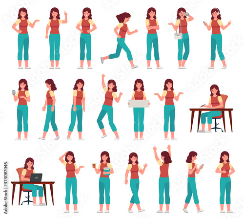 Cartoon woman in casual outfit. Young female character in different poses. Student with various gestures, face expression vector set. Studying with laptop, talking on smartphone, holding textbooks