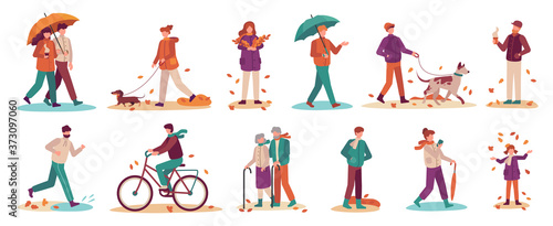 People in autumn. Couple with umbrella in rain  young and old man  woman walk autumn park. Fall season active lifestyle vector set. Boy riding bicycle  girl gathering fallen leaves and throwing