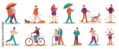 People in autumn. Couple with umbrella in rain, young and old man, woman walk autumn park. Fall season active lifestyle vector set. Boy riding bicycle, girl gathering fallen leaves and throwing