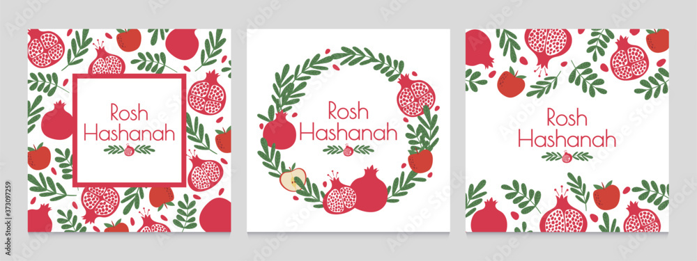 Rosh hashanah. Jewish new year greeting cards with pomegranate and apple. Judaism shana tova holiday vector backgrounds. Wreath with plant leaves and fruit. Festive event invitation set Rosh hashanah. Jewish new year greeting cards with pomegranate and apple. Judaism shana tova holiday vector backgrounds. Wreath with plant leaves and fruit. Festive event invitation set