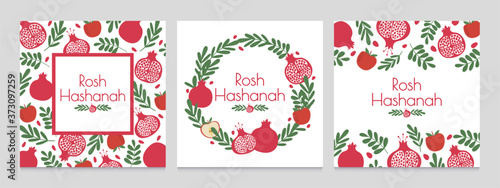 Rosh hashanah. Jewish new year greeting cards with pomegranate and apple. Judaism shana tova holiday vector backgrounds. Wreath with plant leaves and fruit. Festive event invitation set